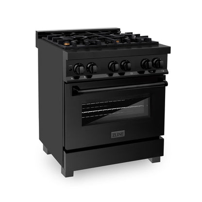 ZLINE Kitchen Package with Black Stainless Steel Refrigerator, 30 in. Dual Fuel Range, 30 in. Range Hood, Microwave Drawer, and 24 in. Tall Tub Dishwasher (5KPR-RABRH-MWDWV)