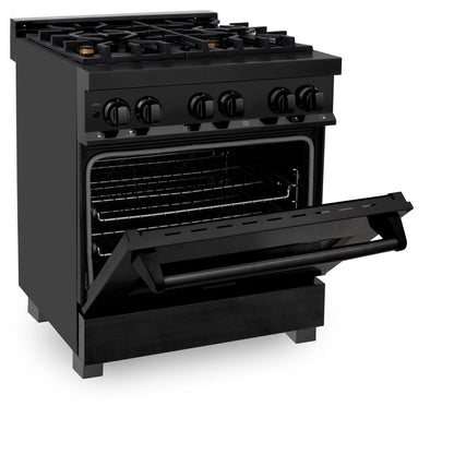 ZLINE Kitchen Package with Black Stainless Steel Refrigerator, 30 in. Dual Fuel Range, 30 in. Range Hood and Microwave Drawer (4KPR-RABRH30-MW)