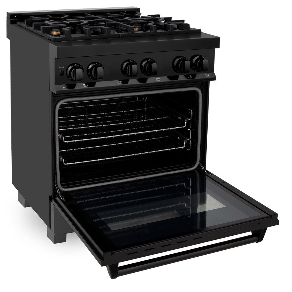 ZLINE Kitchen Package with Black Stainless Steel Refrigerator, 30 in. Dual Fuel Range, 30 in. Range Hood, Microwave Drawer, and 24 in. Tall Tub Dishwasher (5KPR-RABRH-MWDWV)