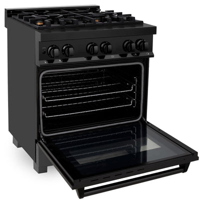 ZLINE Kitchen Package with Black Stainless Steel Refrigerator, 30 in. Dual Fuel Range, 30 in. Range Hood, Microwave Drawer, and 24 in. Tall Tub Dishwasher (5KPR-RABRH-MWDWV)