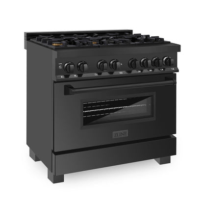 ZLINE Kitchen Package with Black Stainless Steel Refrigerator, 36 in. Dual Fuel Range, Range Hood, and Microwave Drawer (4KPR-RABRH36-MW)