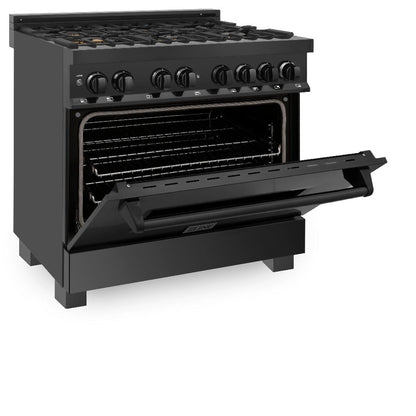 ZLINE Kitchen Package with Black Stainless Steel Refrigerator, 36 in. Dual Fuel Range, 36 in. Range Hood, Microwave Drawer, and 24 in. Tall Tub Dishwasher (5KPR-RABRH36-MWDWV)