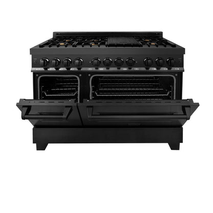 ZLINE 48 in. Kitchen Package with Black Stainless Steel Dual Fuel Range, Convertible Vent Range Hood and Microwave Drawer (3KP-RABRH48-MW)