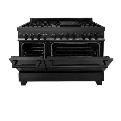 ZLINE Kitchen Package with Black Stainless Steel Refrigerator, 48 in. Dual Fuel Range, 48 in. Range Hood, Microwave Drawer, and 24 in. Tall Tub Dishwasher (5KPR-RABRH48-MWDWV)
