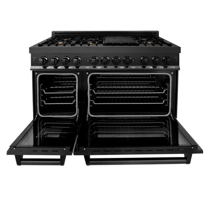 ZLINE Kitchen Package with Black Stainless Steel Refrigerator, 48 in. Dual Fuel Range, Range Hood, and Microwave Drawer (4KPR-RABRH48-MW)