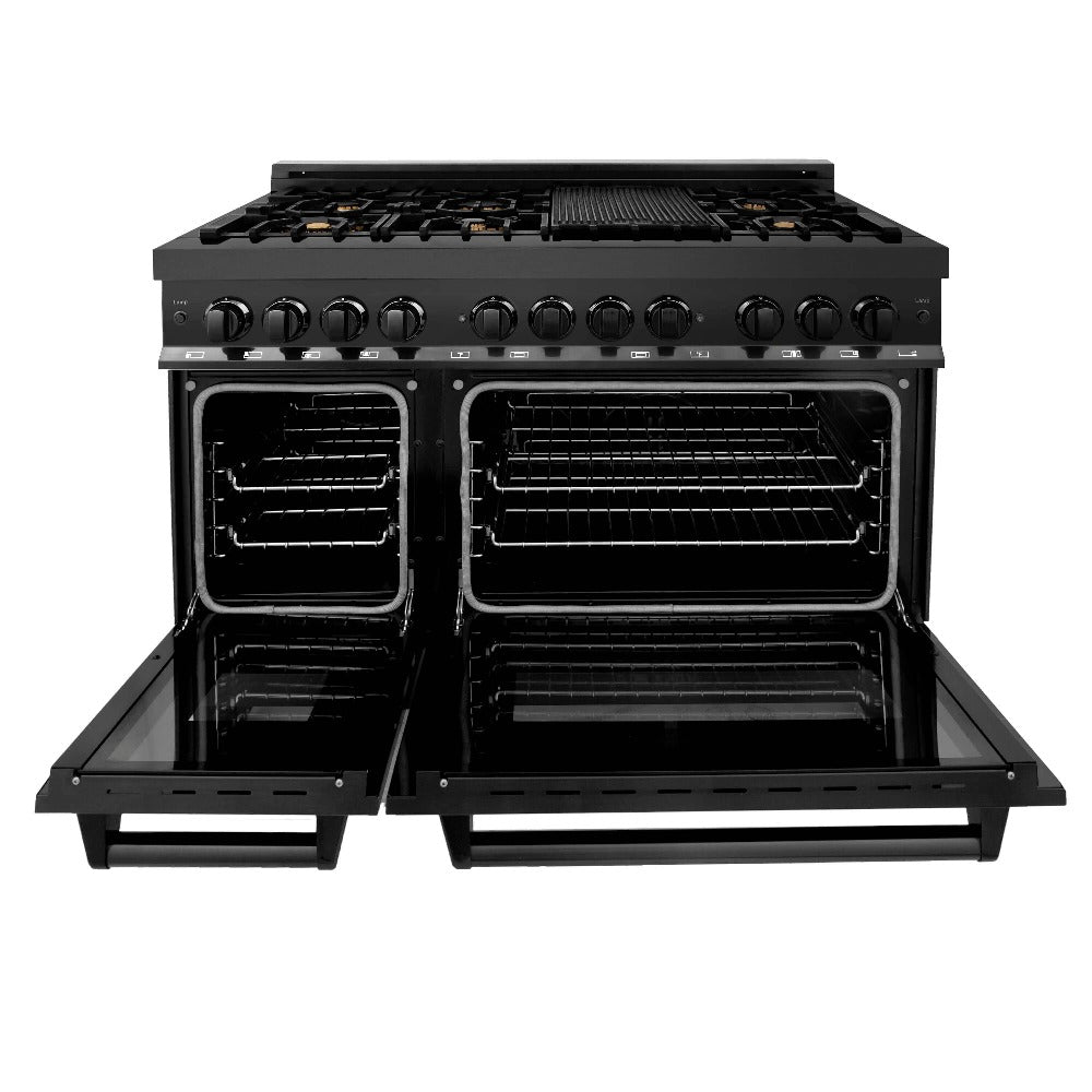 ZLINE Kitchen Package with Black Stainless Steel Refrigerator, 48 in. Dual Fuel Range, 48 in. Range Hood, Microwave Drawer, and 24 in. Tall Tub Dishwasher (5KPR-RABRH48-MWDWV)