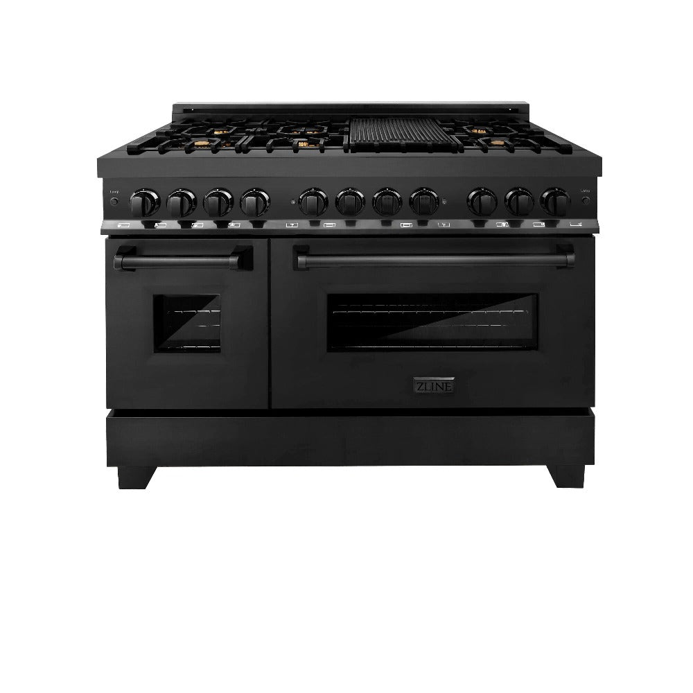 ZLINE Kitchen Package with Black Stainless Steel Refrigerator, 48 in. Dual Fuel Range, 48 in. Range Hood, Microwave Drawer, and 24 in. Tall Tub Dishwasher (5KPR-RABRH48-MWDWV)