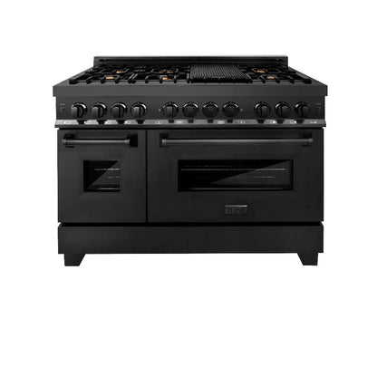 ZLINE Kitchen Package with Black Stainless Steel Refrigerator, 48 in. Dual Fuel Range, 48 in. Range Hood, Microwave Drawer, and 24 in. Tall Tub Dishwasher (5KPR-RABRH48-MWDWV)