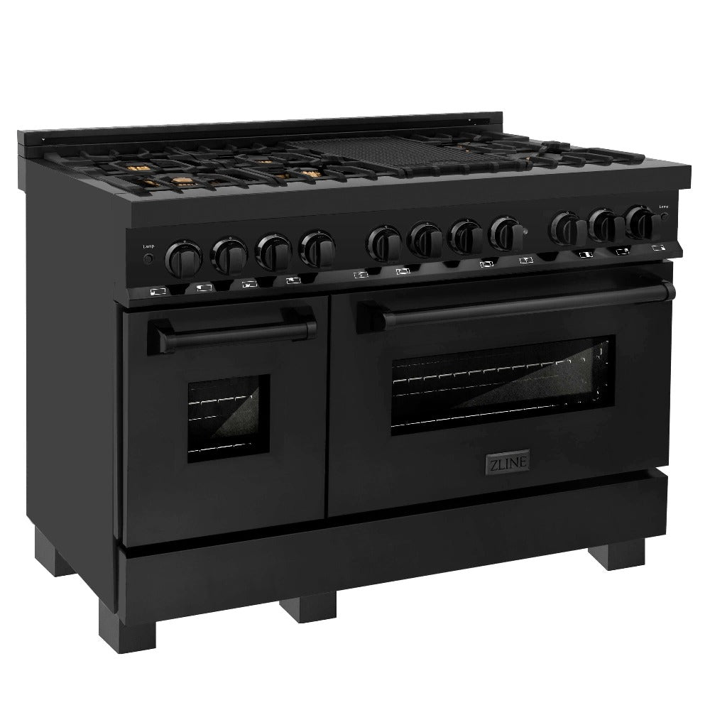 ZLINE Kitchen Package with Black Stainless Steel Refrigerator, 48 in. Dual Fuel Range, 48 in. Range Hood, Microwave Drawer, and 24 in. Tall Tub Dishwasher (5KPR-RABRH48-MWDWV)