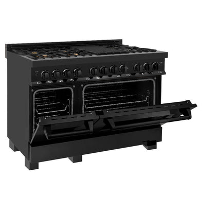 ZLINE Kitchen Package with Black Stainless Steel Refrigerator, 48 in. Dual Fuel Range, 48 in. Range Hood, Microwave Drawer, and 24 in. Tall Tub Dishwasher (5KPR-RABRH48-MWDWV)