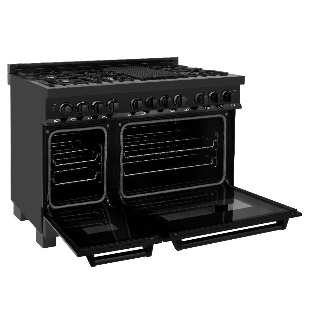 ZLINE Kitchen Package with Black Stainless Steel Refrigerator, 48 in. Dual Fuel Range, 48 in. Range Hood, Microwave Drawer, and 24 in. Tall Tub Dishwasher (5KPR-RABRH48-MWDWV)