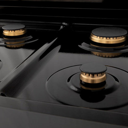 ZLINE Autograph Edition 36 in. Kitchen Package with Black Stainless Steel Dual Fuel Range, Range Hood, Dishwasher and Refrigerator with Polished Gold Accents (4AKPR-RABRHDWV36-G)