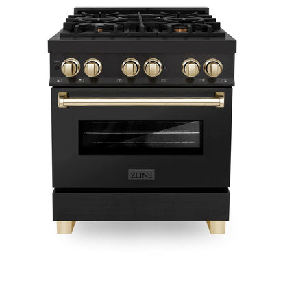 ZLINE Autograph Edition 30 in. 4.0 cu. ft. Legacy Dual Fuel Range with 4 Burner Gas Cooktop and Electric Convection Oven in Black Stainless Steel and Polished Gold Accents (RABZ-30-G)
