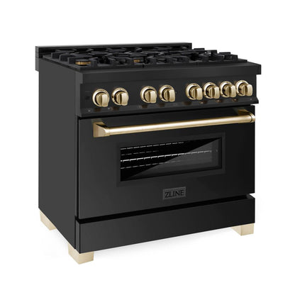 ZLINE Autograph Edition 36 in. Kitchen Package with Black Stainless Steel Dual Fuel Range, Range Hood, Dishwasher and Refrigerator with Polished Gold Accents (4AKPR-RABRHDWV36-G)