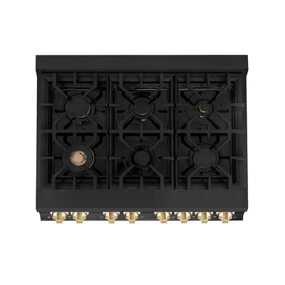 ZLINE Autograph Edition 36 in. Kitchen Package with Black Stainless Steel Dual Fuel Range, Range Hood and Dishwasher with Polished Gold Accents (3AKP-RABRHDWV36-G)
