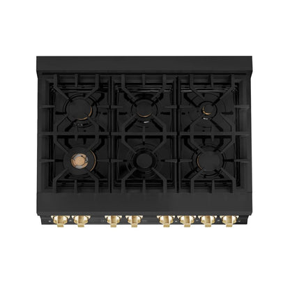 ZLINE Autograph Edition 36 in. Kitchen Package with Black Stainless Steel Dual Fuel Range and Range Hood with Polished Gold Accents (2AKP-RABRH36-G)