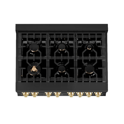 ZLINE Autograph Edition 36 in. Kitchen Package with Black Stainless Steel Dual Fuel Range, Range Hood, Dishwasher and Refrigerator with Polished Gold Accents (4AKPR-RABRHDWV36-G)
