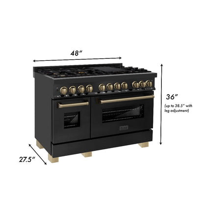 ZLINE Autograph Edition 48 in. Kitchen Package with Black Stainless Steel Dual Fuel Range, Range Hood, Dishwasher and Refrigerator with Champagne Bronze Accents (4AKPR-RABRHDWV48-CB)