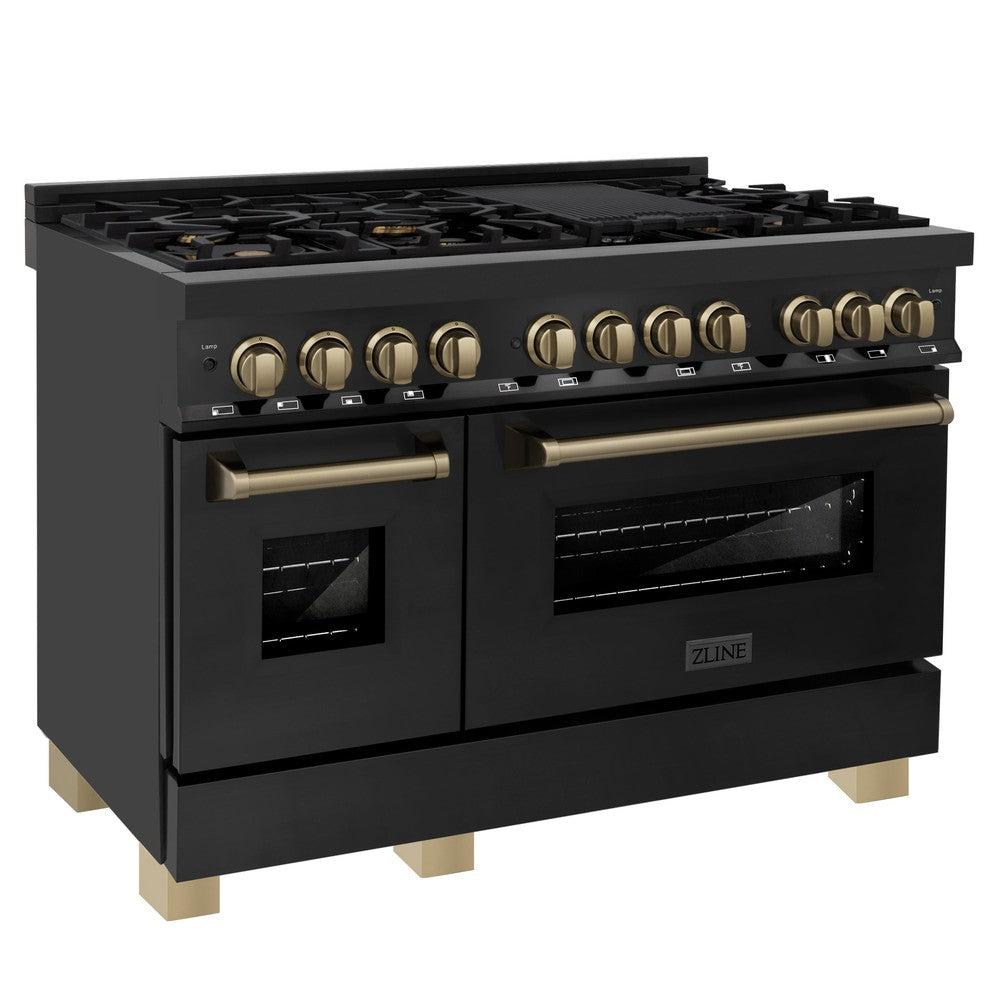 ZLINE Autograph Edition 48 in. Kitchen Package with Black Stainless Steel Dual Fuel Range and Range Hood with Champagne Bronze Accents (2AKP-RABRH48-CB)