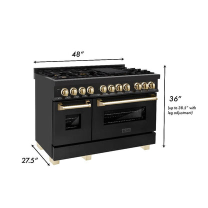ZLINE Autograph Edition 48 in. Kitchen Package with Black Stainless Steel Dual Fuel Range, Range Hood, Dishwasher and Refrigerator Including External Water Dispenser with Polished Gold Accents (4AKPR-RABRHDWV48-G)