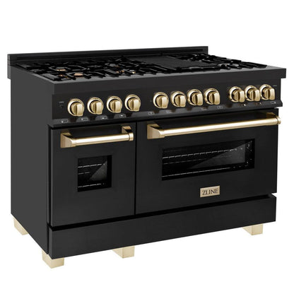 ZLINE Autograph Edition 48 in. Kitchen Package with Black Stainless Steel Dual Fuel Range, Range Hood, Dishwasher and Refrigerator Including External Water Dispenser with Polished Gold Accents (4AKPR-RABRHDWV48-G)
