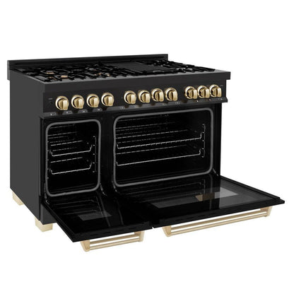 ZLINE Autograph Edition 48 in. Kitchen Package with Black Stainless Steel Dual Fuel Range, Range Hood, Dishwasher and Refrigerator Including External Water Dispenser with Polished Gold Accents (4AKPR-RABRHDWV48-G)