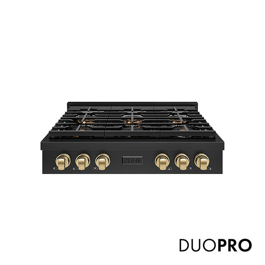 ZLINE Autograph Edition 36 in. Paramount Gas Rangetop with 6 Burner DuoPro™ Cooktop in Black Stainless Steel and Champagne Bronze Accents (PSRTBZ-36-CB)
