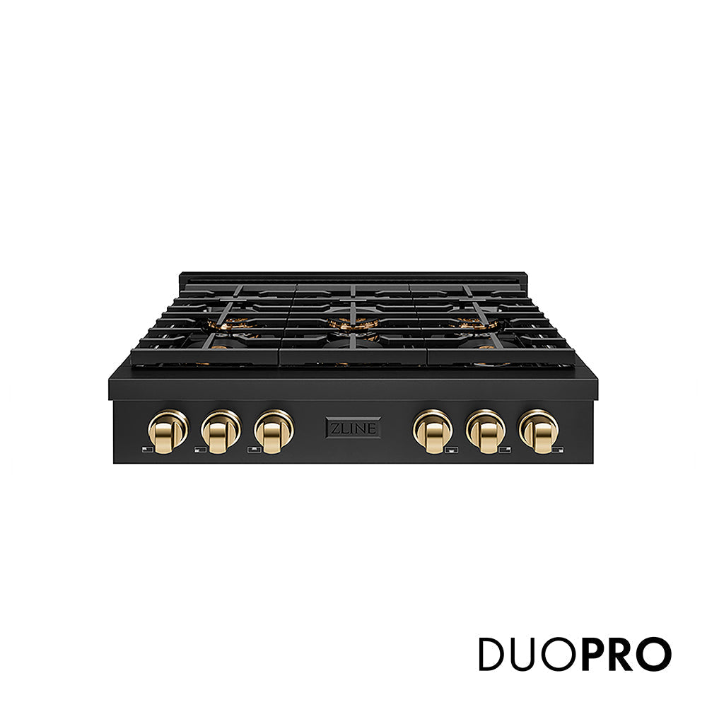 ZLINE Autograph Edition 36 in. Paramount Gas Rangetop with 6 Burner DuoPro™ Cooktop in Black Stainless Steel and Polished Gold Accents (PSRTBZ-36-G)