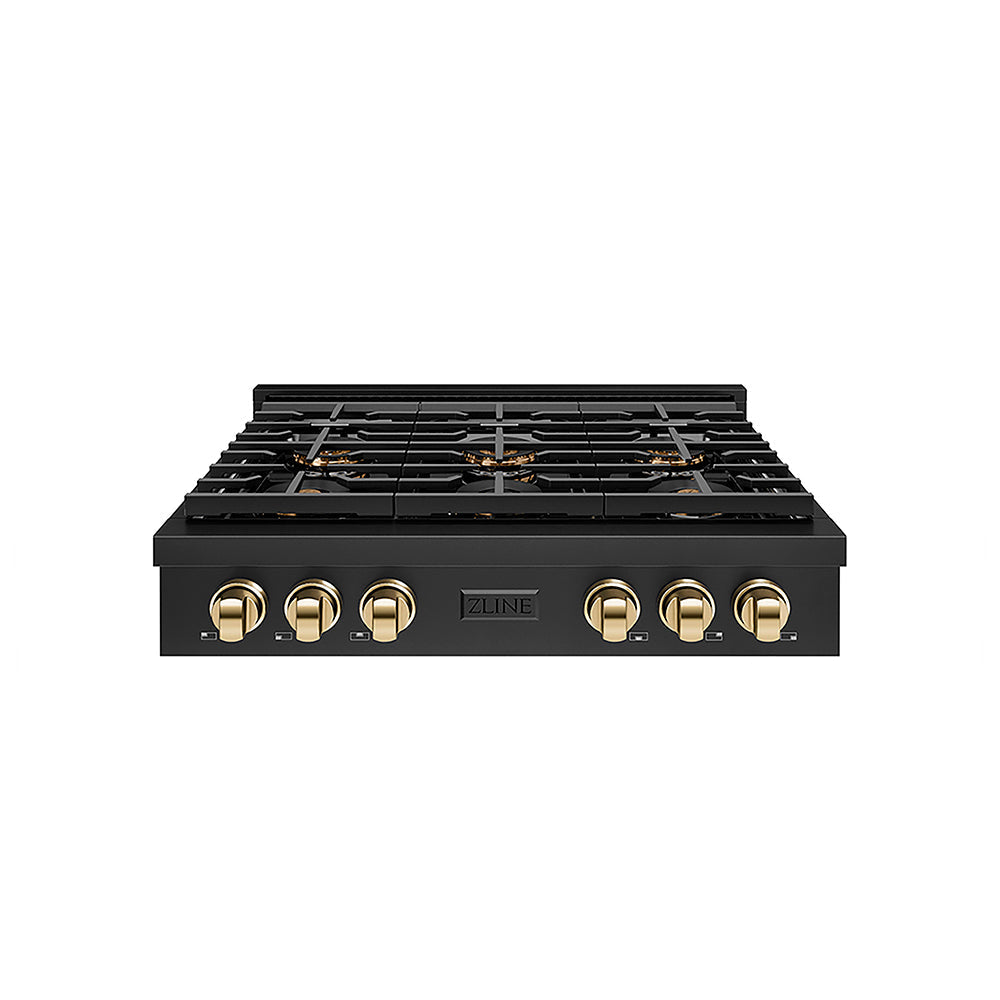 ZLINE Autograph Edition 36 in. Paramount Gas Rangetop with 6 Burner DuoPro™ Cooktop in Black Stainless Steel and Polished Gold Accents (PSRTBZ-36-G)