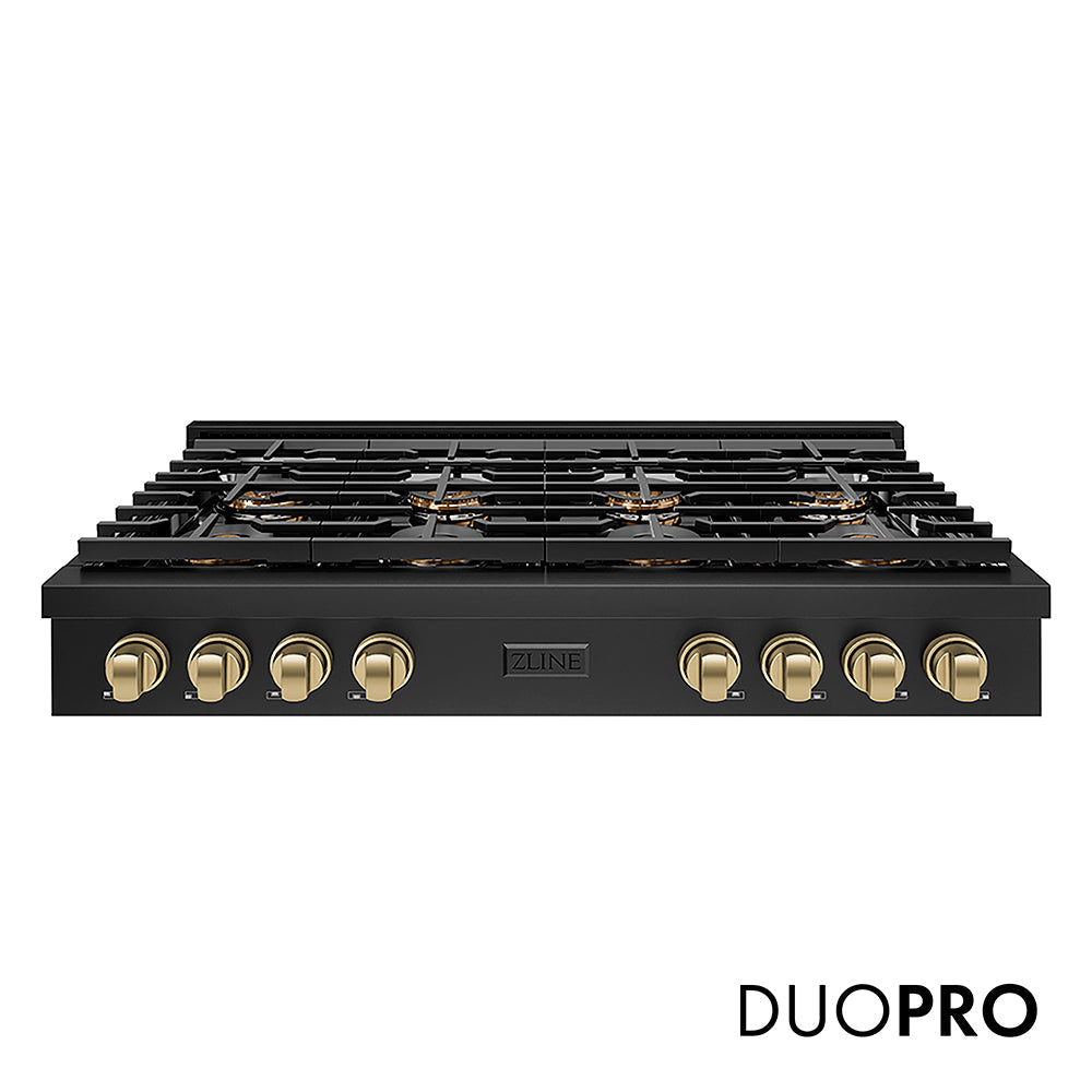 ZLINE Autograph Edition 48 in. Paramount Gas Rangetop with 8 Burner DuoPro™ Cooktop in Black Stainless Steel and Champagne Bronze Accents (PSRTBZ-48-CB)