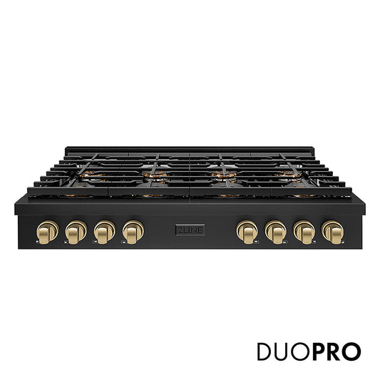 ZLINE Autograph Edition 48 in. Paramount Gas Rangetop with 8 Burner DuoPro™ Cooktop in Black Stainless Steel and Champagne Bronze Accents (PSRTBZ-48-CB)