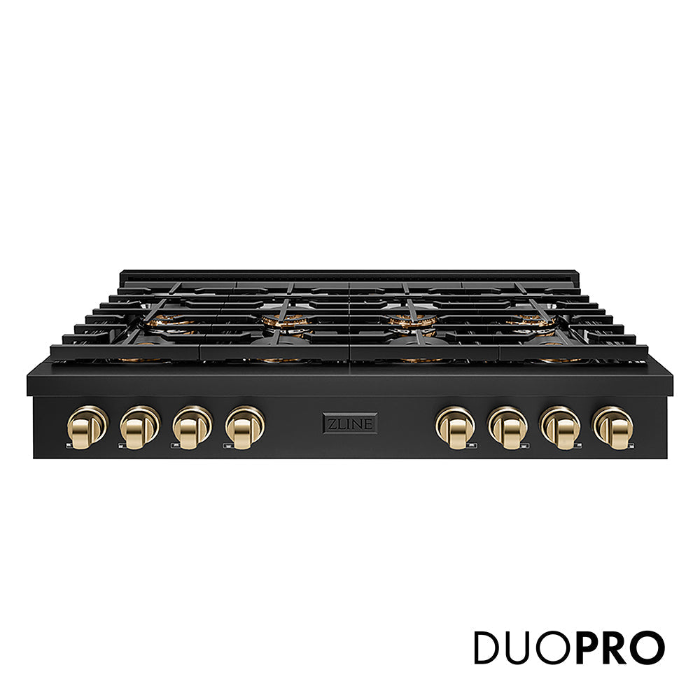 ZLINE Autograph Edition 48 in. Paramount Gas Rangetop with 8 Burner DuoPro™ Cooktop in Black Stainless Steel and Polished Gold Accents (PSRTBZ-48-G)