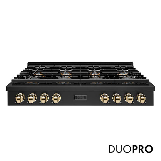 ZLINE Autograph Edition 48 in. Paramount Gas Rangetop with 8 Burner DuoPro™ Cooktop in Black Stainless Steel and Polished Gold Accents (PSRTBZ-48-G)