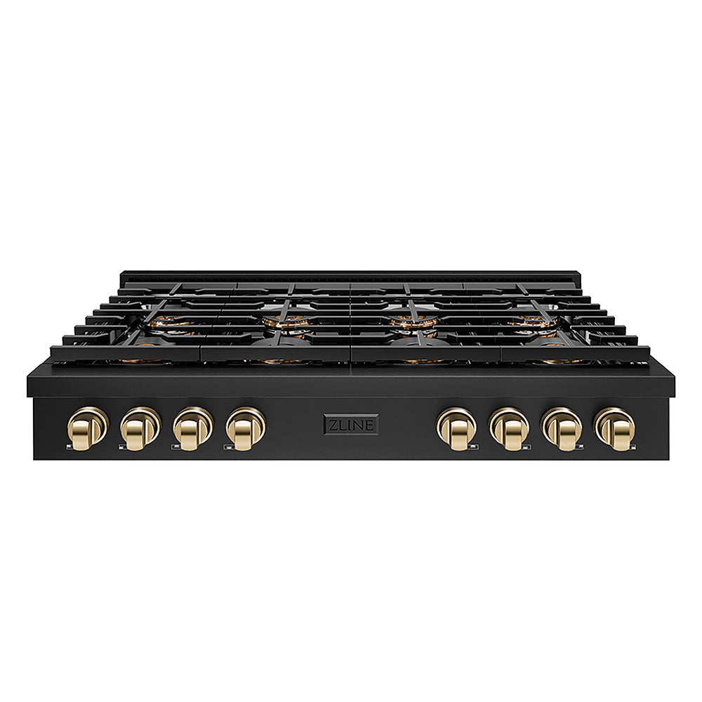 ZLINE Autograph Edition 48 in. Paramount Gas Rangetop with 8 Burner DuoPro™ Cooktop in Black Stainless Steel and Polished Gold Accents (PSRTBZ-48-G)