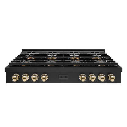 ZLINE Autograph Edition 48 in. Paramount Gas Rangetop with 8 Burner DuoPro™ Cooktop in Black Stainless Steel and Polished Gold Accents (PSRTBZ-48-G)