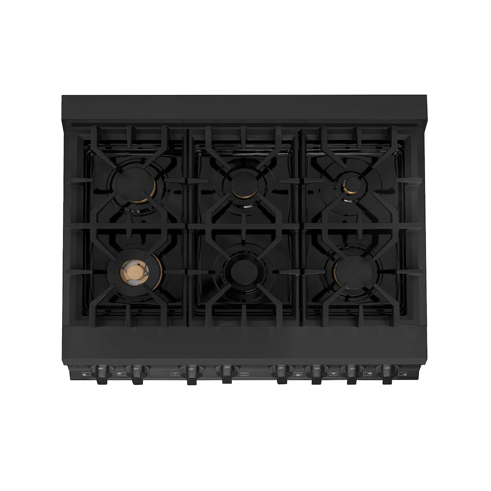 ZLINE 36 in. Kitchen Package with Black Stainless Steel Dual Fuel Range, Range Hood, Microwave Drawer and Dishwasher (4KP-RABRH36-MWDW)