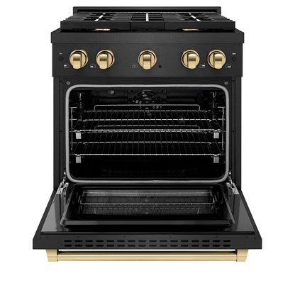 ZLINE Autograph Edition 30 in. 4.2 cu. ft. Paramount Dual Fuel Range with 4 Burner Gas Cooktop and Electric Convection Oven in Black Satin Stainless Steel with Polished Gold Accents (SDRBSZ-30-G)