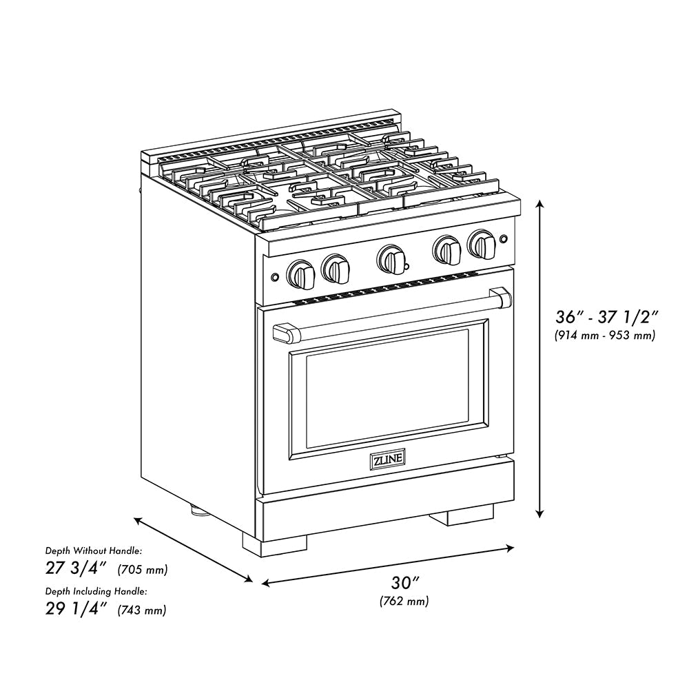 ZLINE Designer Collection 30 in. 4.2 cu. ft. Paramount Dual Fuel Range with 4 Burner Gas Cooktop and Electric Convection Oven in Black Satin Stainless Steel with Matte Black and Champagne Bronze Accents (SDRBSZ-30-MBCB)