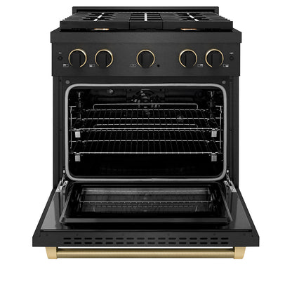ZLINE Designer Collection 30 in. 4.2 cu. ft. Paramount Dual Fuel Range with 4 Burner Gas Cooktop and Electric Convection Oven in Black Satin Stainless Steel with Matte Black and Champagne Bronze Accents (SDRBSZ-30-MBCB)