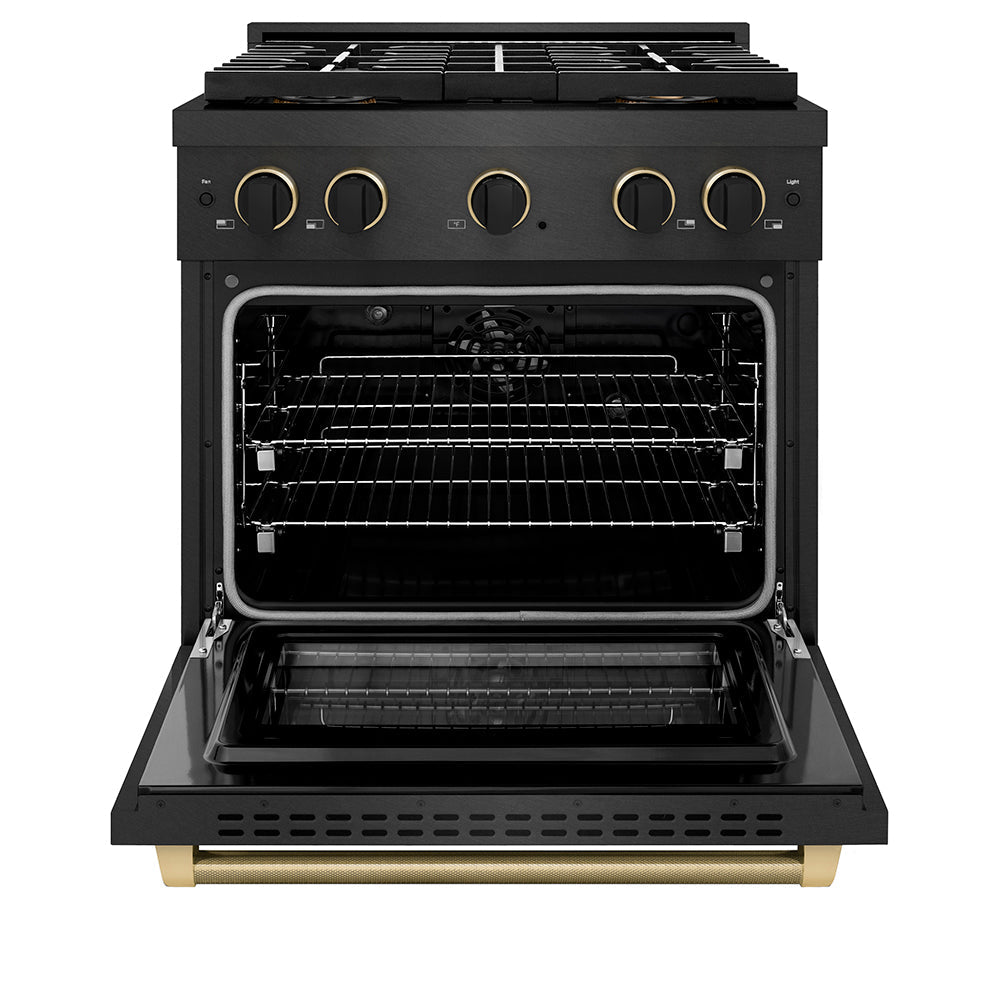 ZLINE Designer Collection 30 in. 4.2 cu. ft. Paramount Dual Fuel Range with 4 Burner DuoPro™ Cooktop and Electric Convection Oven in Black Satin Stainless Steel with Matte Black and Champagne Bronze Accents (PSDRBSZ-30-MBCB)