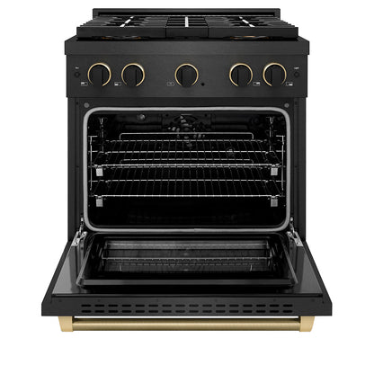 ZLINE Designer Collection 30 in. 4.2 cu. ft. Paramount Dual Fuel Range with 4 Burner DuoPro™ Cooktop and Electric Convection Oven in Black Satin Stainless Steel with Matte Black and Champagne Bronze Accents (PSDRBSZ-30-MBCB)