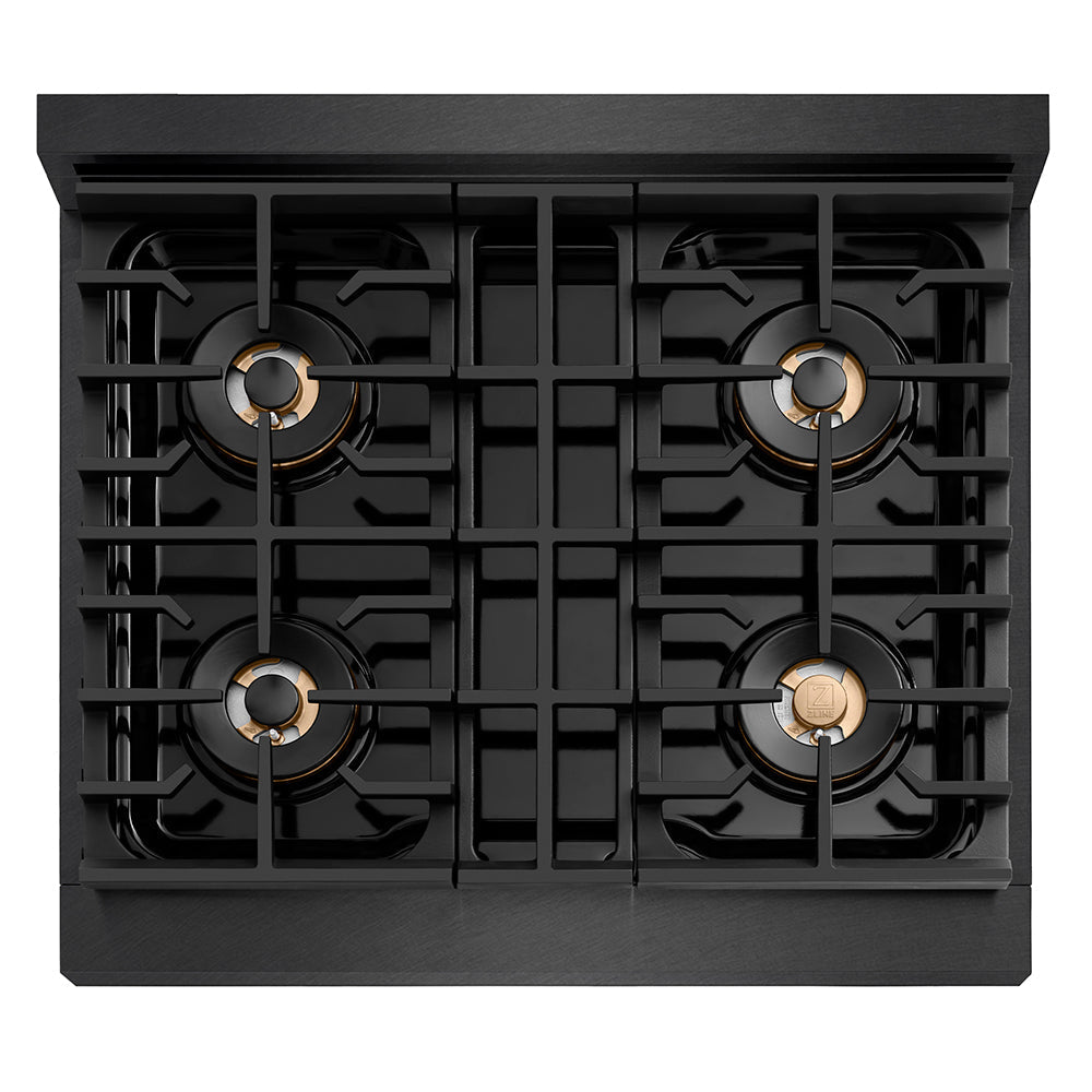 ZLINE Designer Collection 30 in. 4.2 cu. ft. Paramount Dual Fuel Range with 4 Burner DuoPro™ Cooktop and Electric Convection Oven in Black Satin Stainless Steel with Matte Black and Champagne Bronze Accents (PSDRBSZ-30-MBCB)