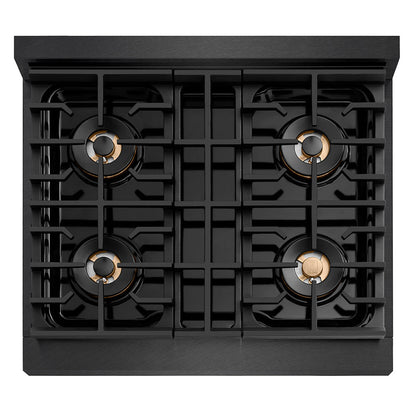 ZLINE Designer Collection 30 in. 4.2 cu. ft. Paramount Dual Fuel Range with 4 Burner DuoPro™ Cooktop and Electric Convection Oven in Black Satin Stainless Steel with Matte Black and Champagne Bronze Accents (PSDRBSZ-30-MBCB)