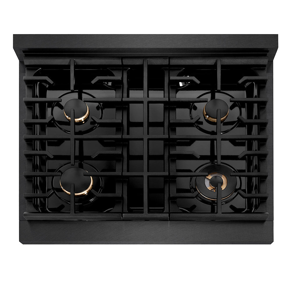 ZLINE Autograph Edition 30 in. 4.2 cu. ft. Paramount Gas Range with 4 Burner Cooktop and Convection Gas Oven in Black Satin Stainless Steel and Champagne Bronze Accents (SGRBSZ-30-CB)