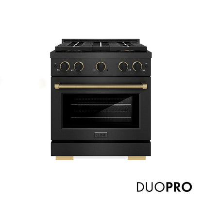 ZLINE Designer Collection 30 in. 4.2 cu. ft. Paramount Gas Range with 4 Burner DuoPro™ Cooktop and Convection Gas Oven in Black Satin Stainless Steel with Matte Black and Champagne Bronze Accents (PSGRBSZ-30-MBCB)