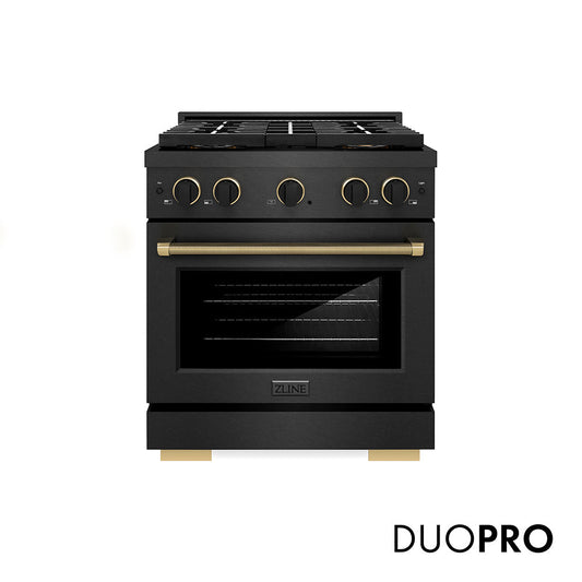 ZLINE Designer Collection 30 in. 4.2 cu. ft. Paramount Gas Range with 4 Burner DuoPro™ Cooktop and Convection Gas Oven in Black Satin Stainless Steel with Matte Black and Champagne Bronze Accents (PSGRBSZ-30-MBCB)