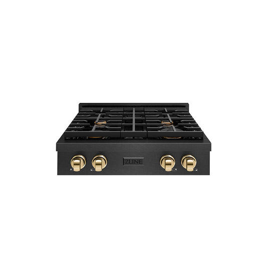 ZLINE Autograph Edition 30 in. Paramount Gas Rangetop with 4 Burners and Porcelain Cooktop in Black Satin Stainless Steel with Polished Gold Accents (SRTBSZ-30-G)