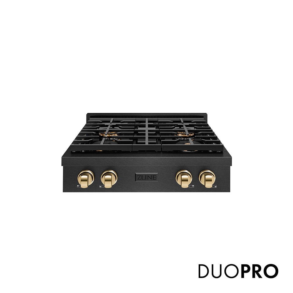 ZLINE Autograph Edition 30 in. Paramount Gas Rangetop with 4 Burner DuoPro™ Cooktop in Black Satin Stainless Steel and Polished Gold Accents (PSRTBSZ-30-G)