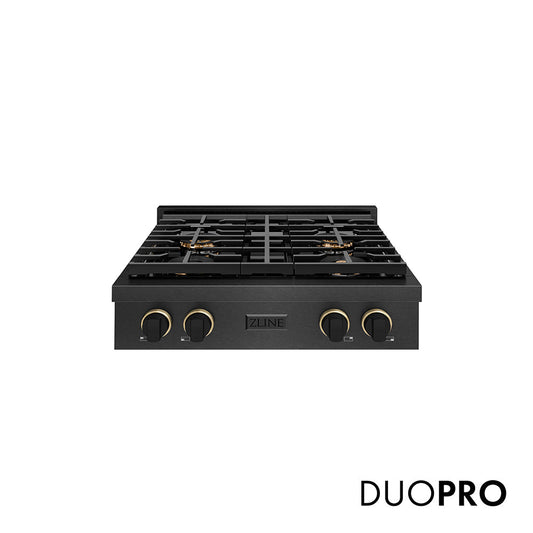 ZLINE Designer Collection 30 in. Paramount Gas Rangetop with 4 Burner DuoPro™ Cooktop in Black Satin Stainless Steel with Matte Black and Champagne Bronze Accents (PSRTBSZ-30-MBCB)