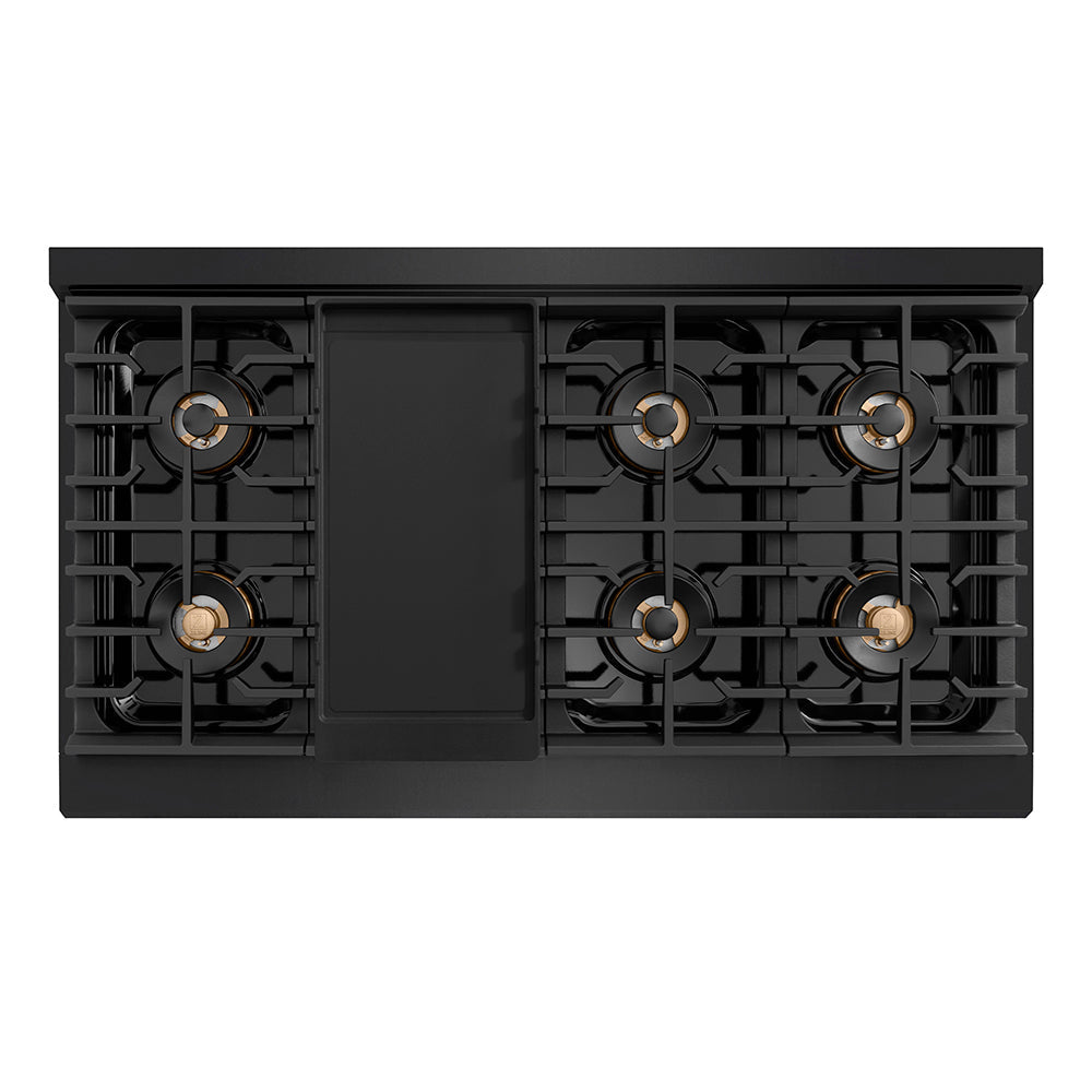 ZLINE Autograph Edition 48 in. 6.7 cu. ft. Paramount Dual Fuel Range with 8 Burner DuoPro™ Cooktop and Dual Ovens in Black Stainless Steel with Champagne Bronze Helix Handles and Accents (PSDRBZ-48-KCB)